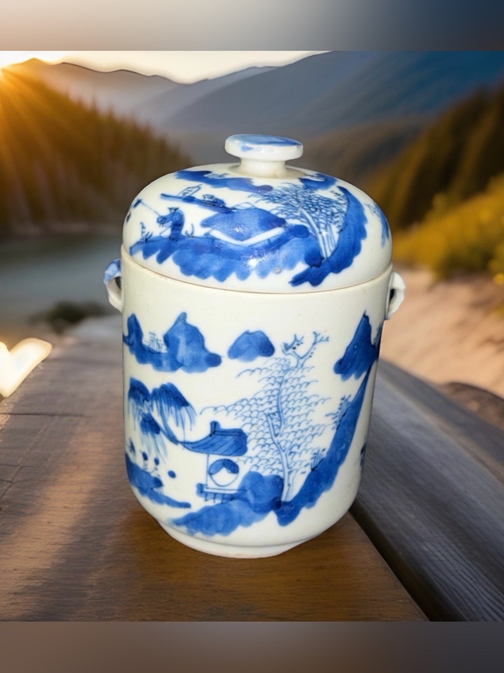 Antique Chinese Blue and White Porcelain Lidded Tea Caddy Landscape Ginger Jar